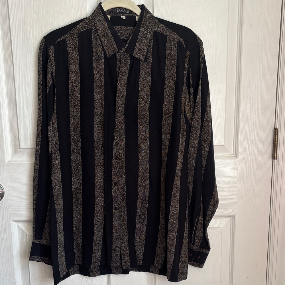 Vintage BOCCI Italian Black Silk hidden button Stripe Button-Up Shirt Size Large